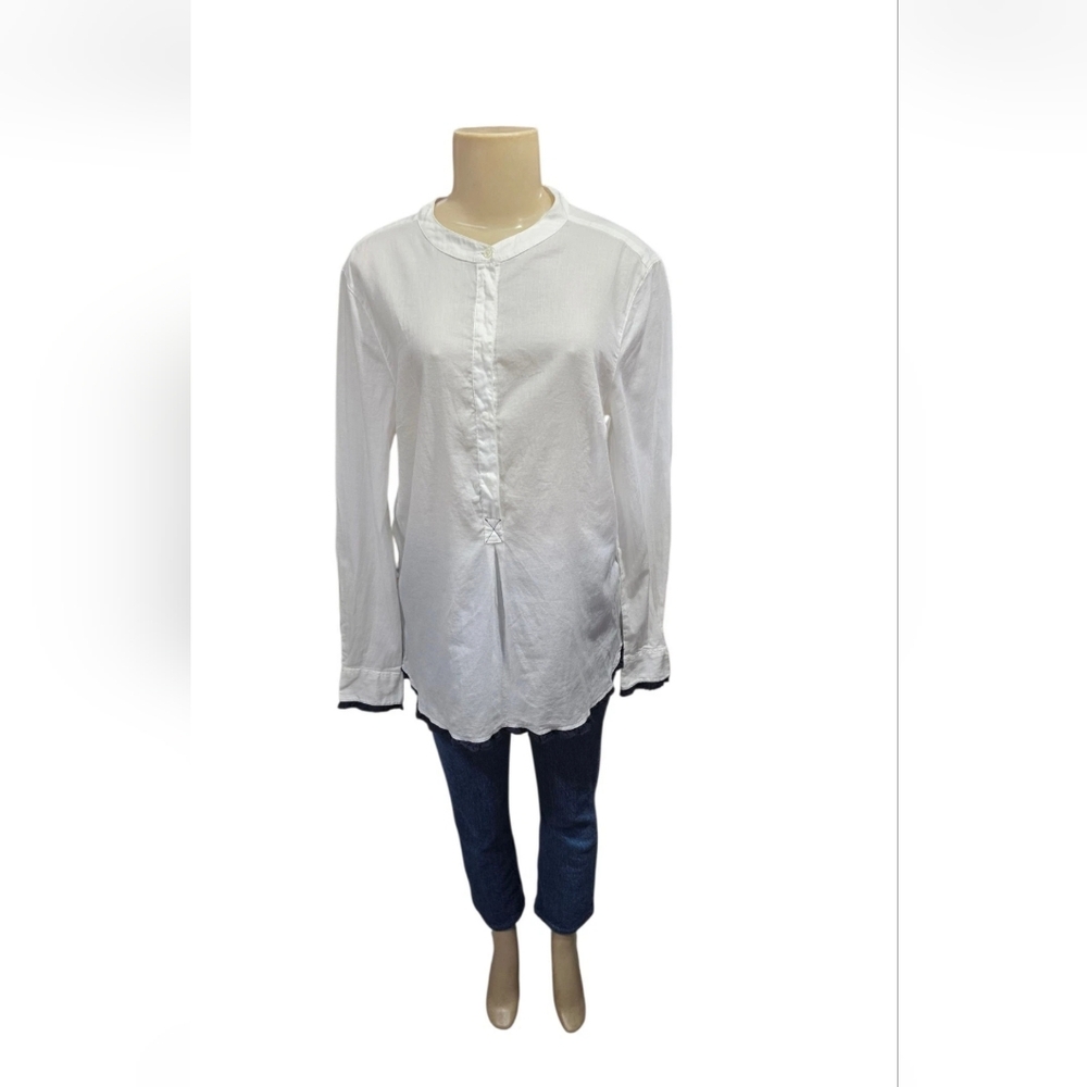 0039 ITALY Size M White 100% Cotton Henley Tunic Top Black Ruffle Trim Cuffs